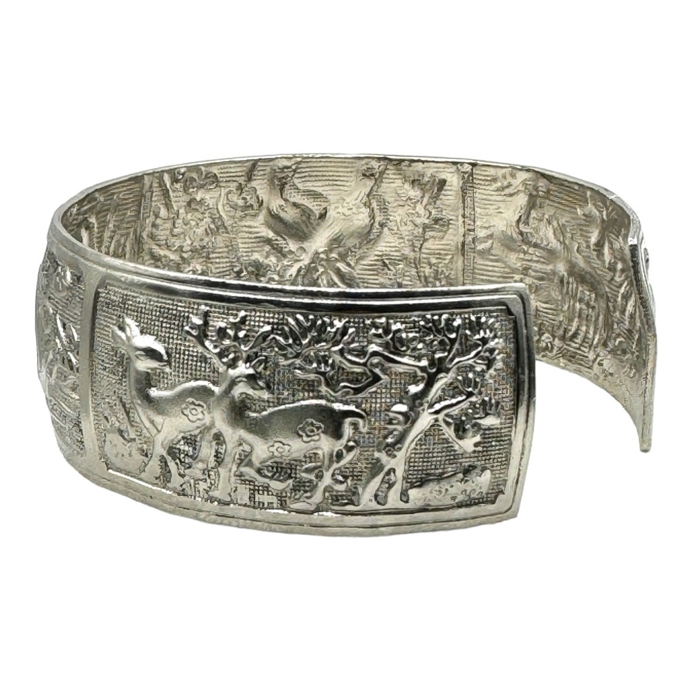 Tibetan Silver Bangle Cuff Bracelet with Peacocks, Love Birds and Deer Scenes - Picture 5 of 12